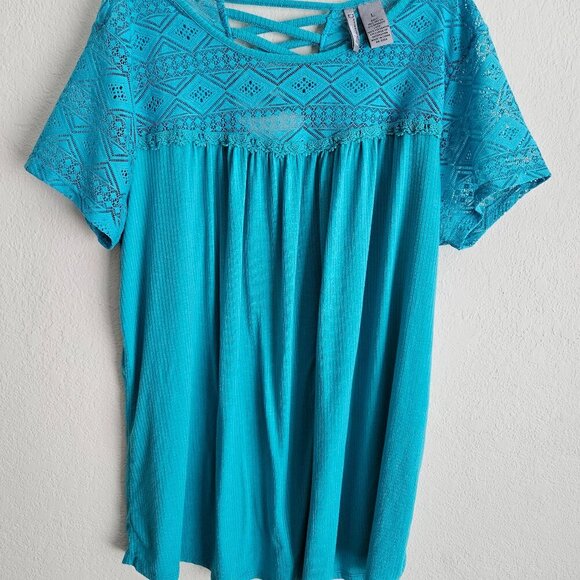 Baby doll spring boho Cottagecore green/ Teal Lace Short Sleeve pullover top L - Picture 1 of 7